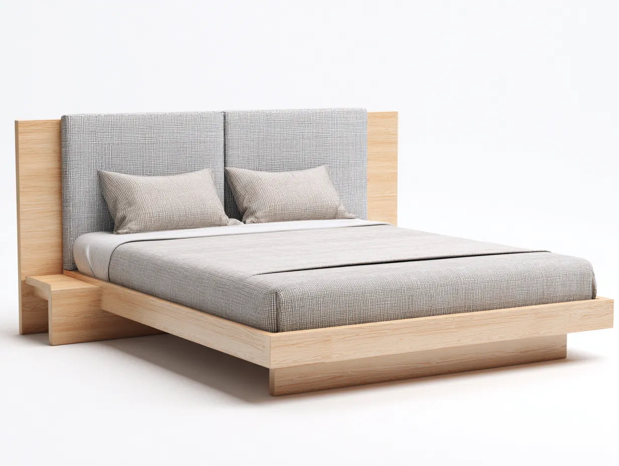 Cama doble de madera 215 x 180 x 106 cm - madera natural y gris claro - plataforma de perfil bajo