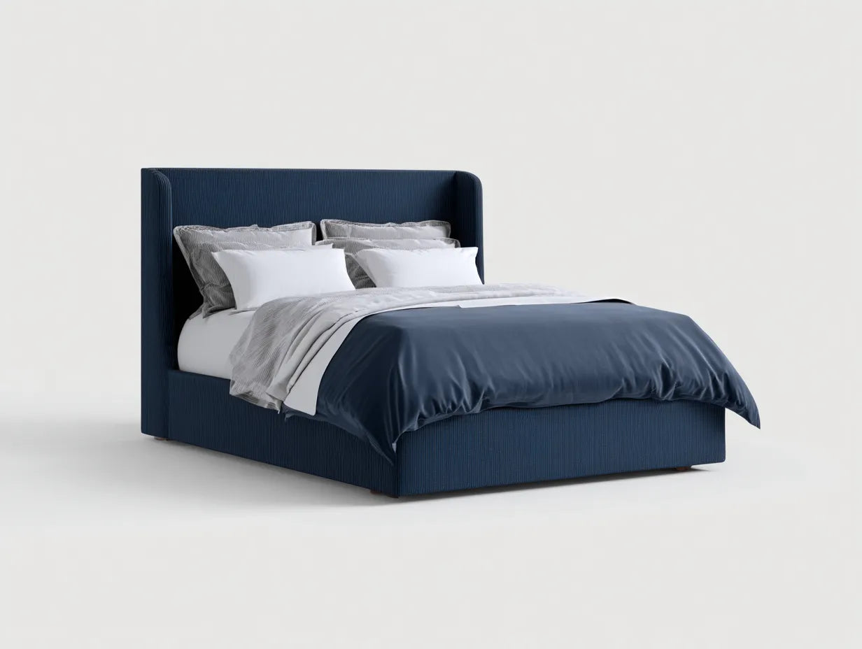 Cama doble tapizada 224×186×132 cm - azul profundo - plataforma baja con cabecero envolvente