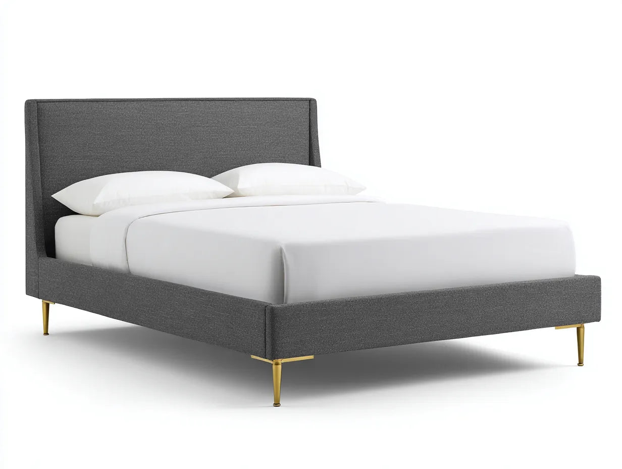 Cama doble de madera 220 x 205 x 112 cm - roble claro y gris - cabecero ancho tapizado