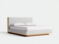 Cama doble de madera 220×181×115 cm - roble natural y gris medio - cabecero tapizado enmarcado