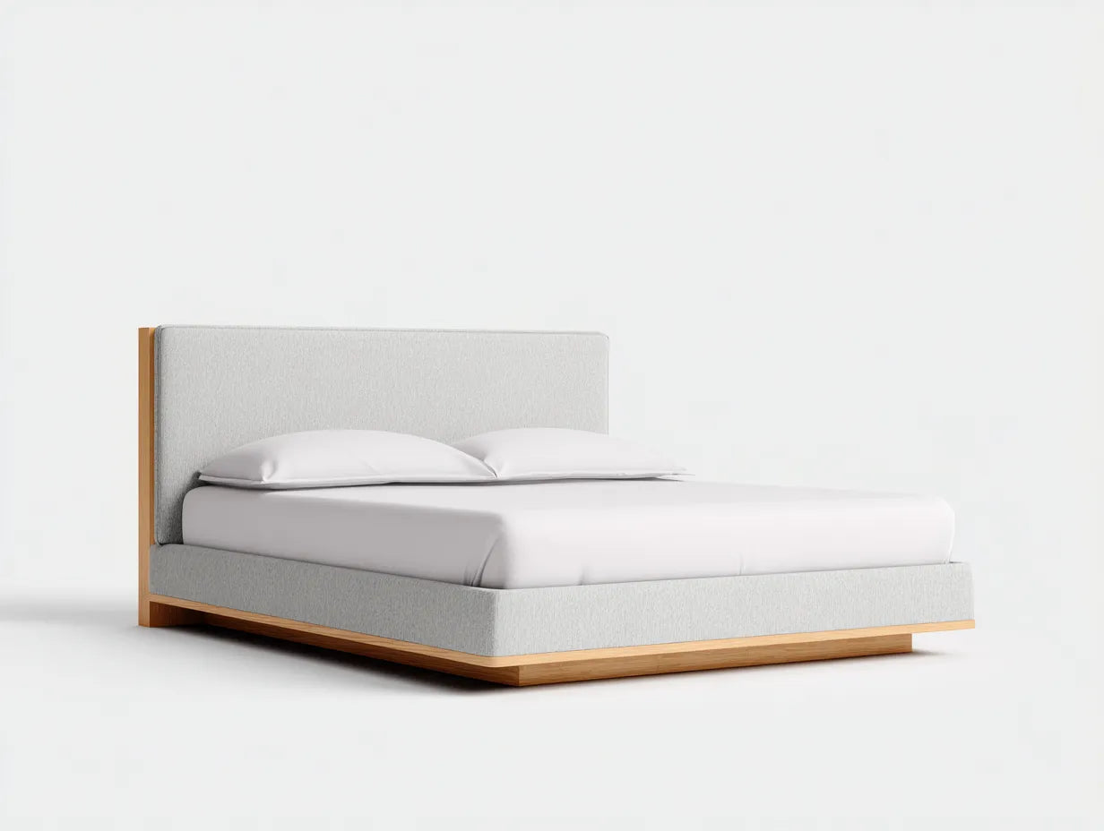 Cama doble de madera 220×181×115 cm - roble natural y gris medio - cabecero tapizado enmarcado