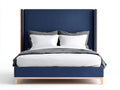 Cama doble tapizada 220×184×138 cm - azul noche y madera clara - cabecero alto con laterales
