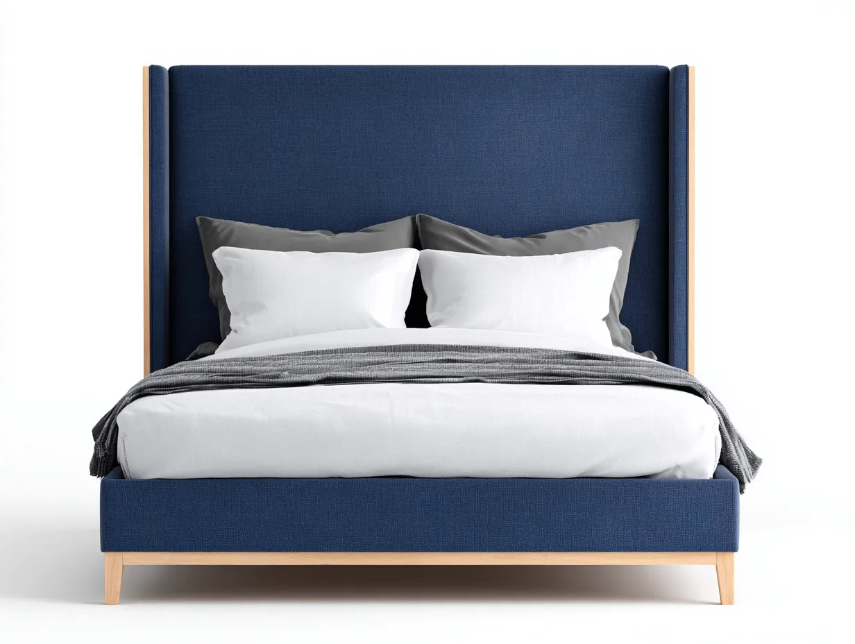 Cama doble tapizada 220×184×138 cm - azul noche y madera clara - cabecero alto con laterales