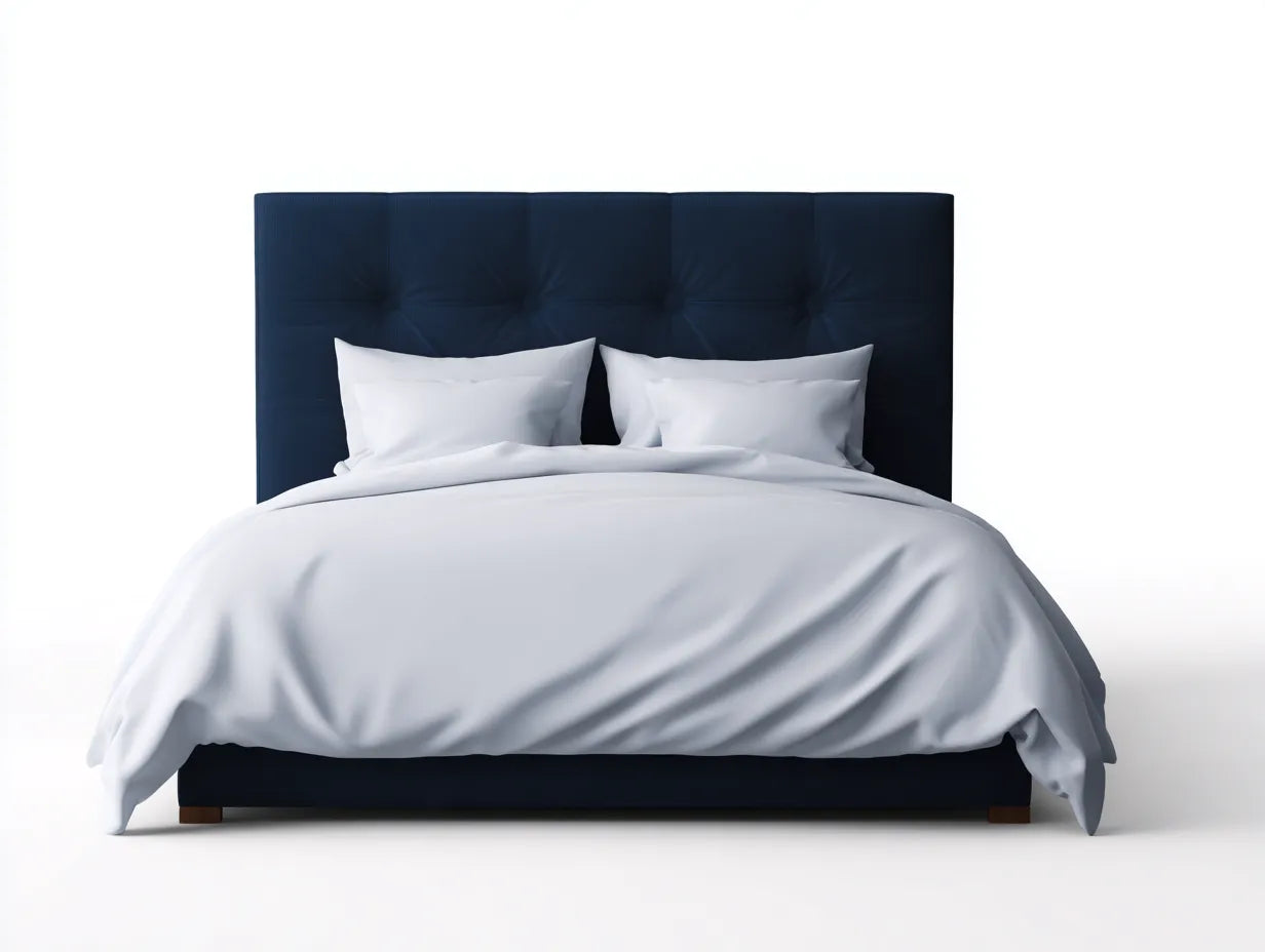 Cama doble tapizada en tejido 218×172×126 cm - azul noche - cabecero con alas y ribete dorado
