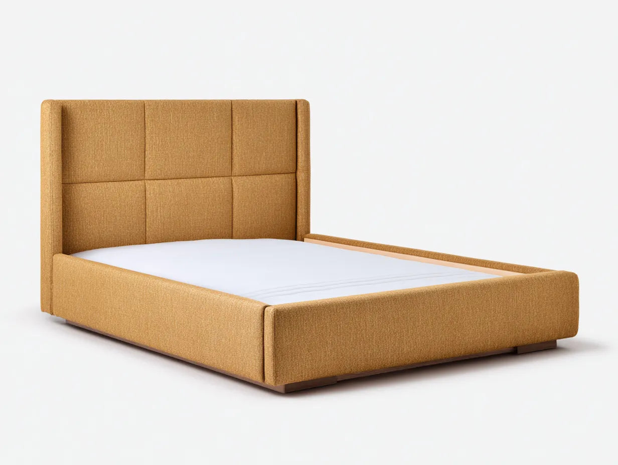 Cama doble tapizada en tejido 210×167×124 cm - mostaza - cabecero alto geométrico