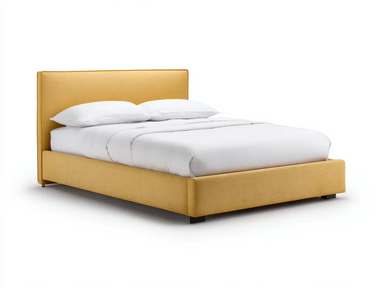 Cama doble tapizada 224×184×112 cm - amarillo ámbar - cabecero envolvente y marco bajo