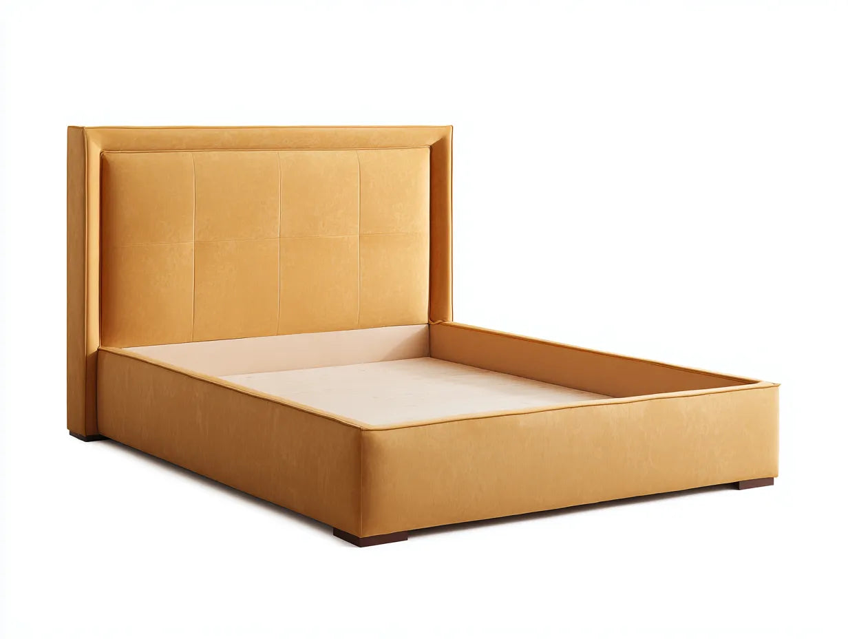 Cama doble tapizada en chenilla 214×171×128 cm - ocre cálido - cabecero con alas laterales