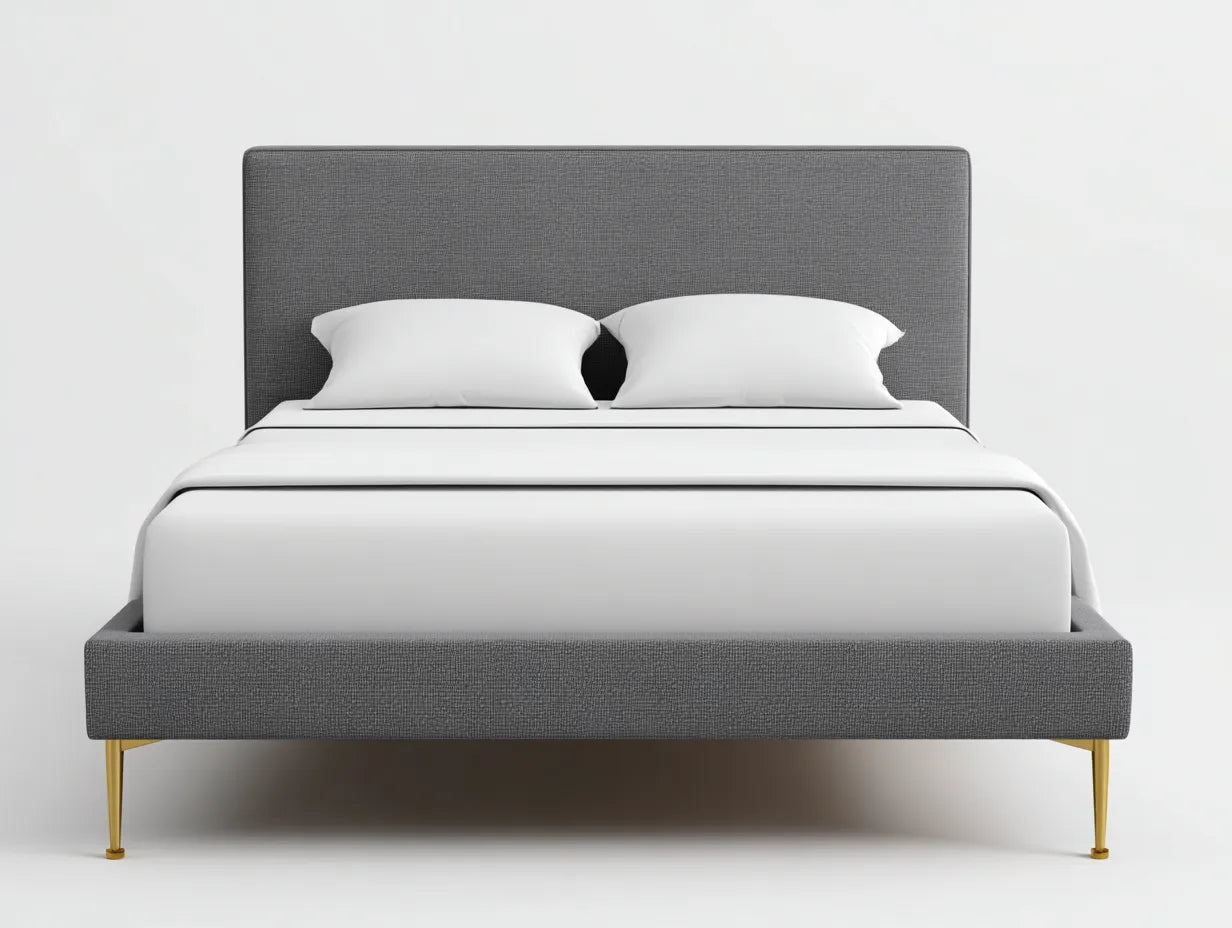 Cama doble tapizada 208×166×110 cm - gris grafito y dorado - cabecero liso con base elevada