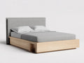 Cama doble tapizada 214×176×105 cm - gris piedra y madera clara - cabecero redondeado con patas cónicas