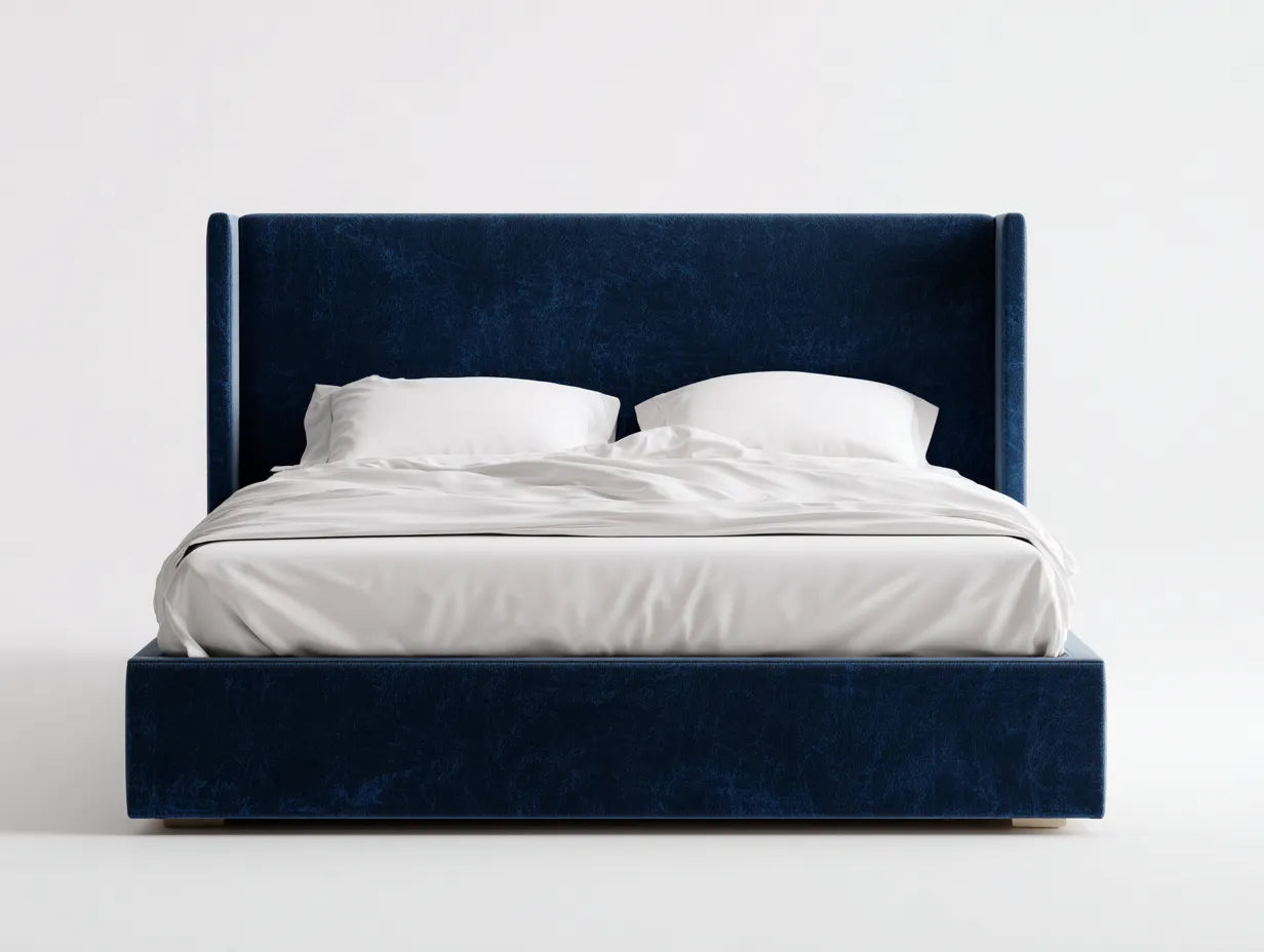 Cama doble tapizada 218×180×112 cm - azul marino - cabecero envolvente y patas negras