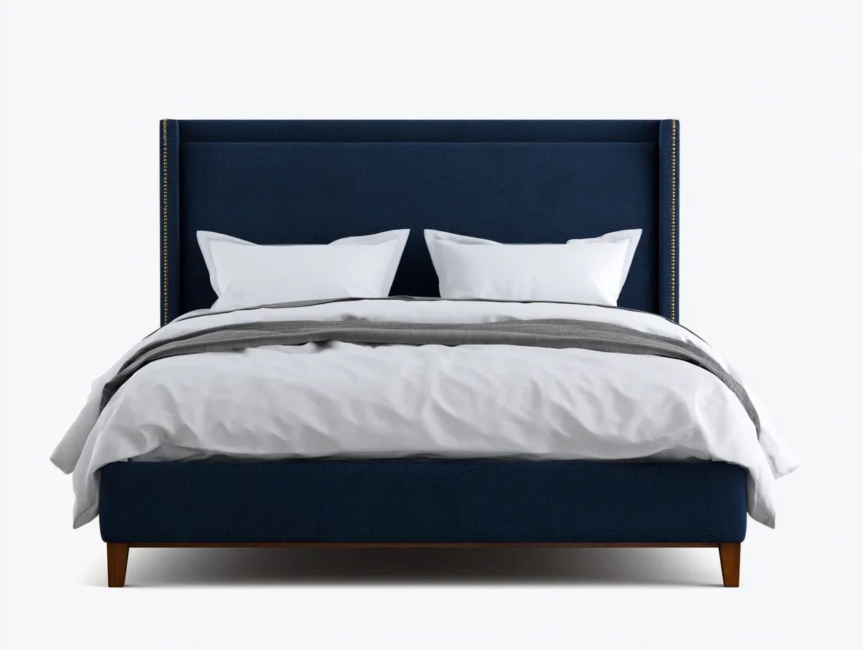 Cama doble tapizada en tejido 216×170×121 cm - azul tinta - cabecero alto continuo