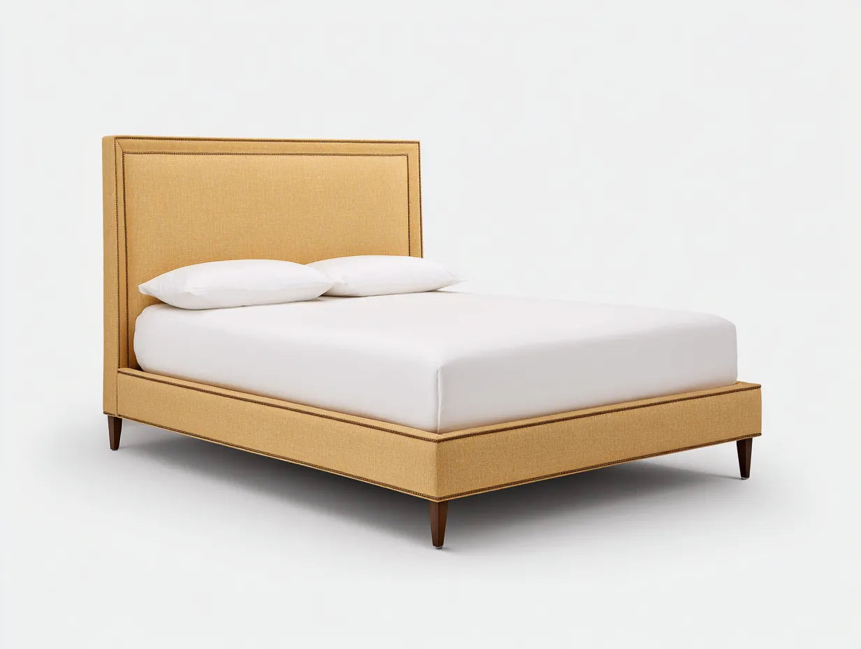 Cama doble tapizada 220×182×112 cm - amarillo dorado - cabecero envolvente de perfil curvo