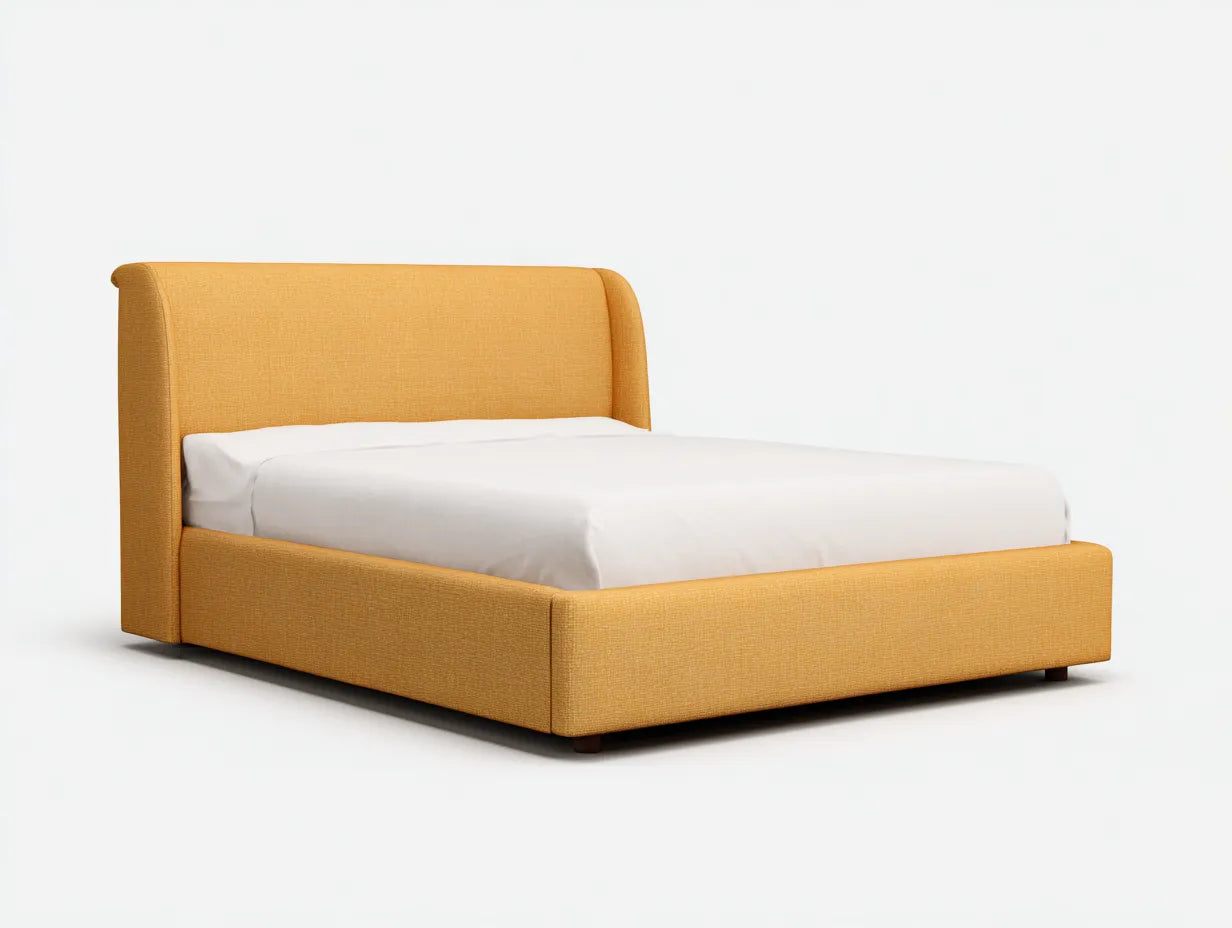 Cama doble tapizada 222×182×115 cm - amarillo ocre - cabecero recto y base compacta