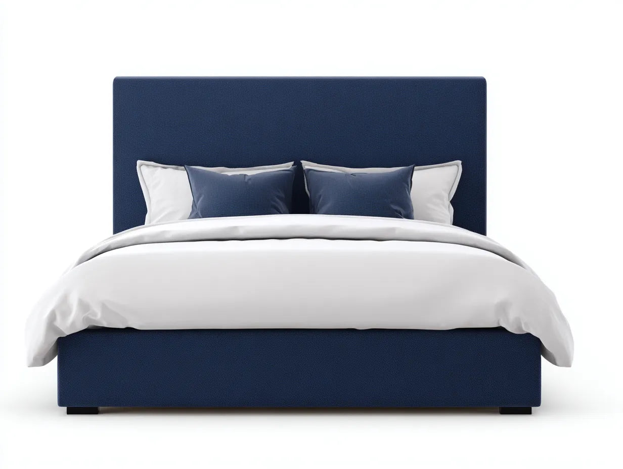Cama doble tapizada en tejido 214×168×116 cm - azul marino - cabecero enmarcado