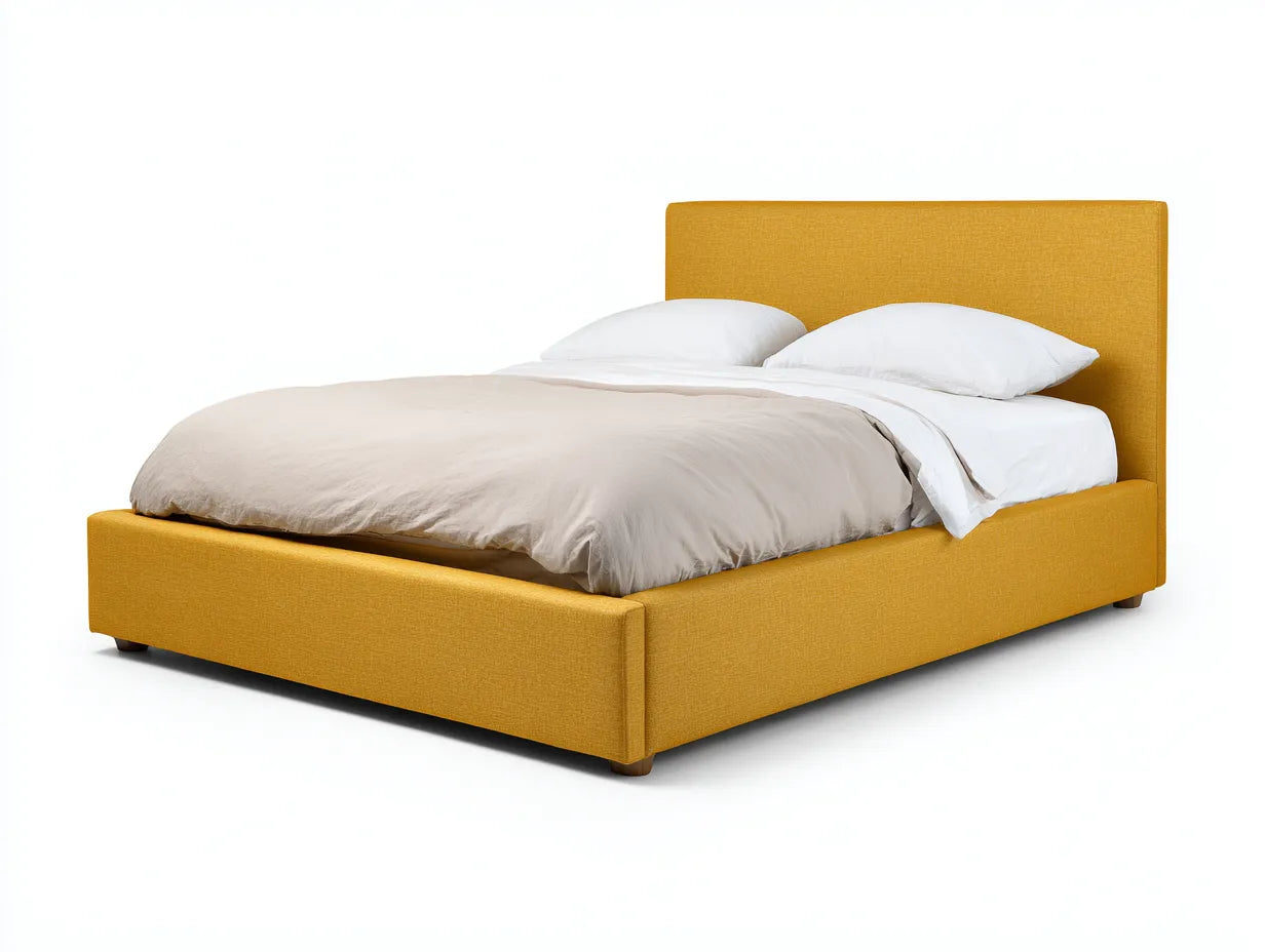 Cama doble tapizada 218×178×110 cm - amarillo mostaza - cabecero inclinado y patas metálicas