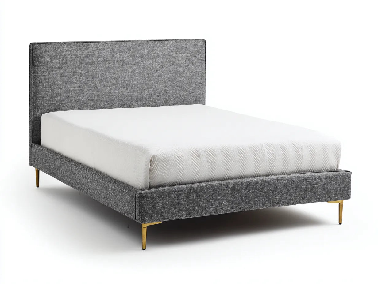 Cama doble tapizada 214×170×118 cm - gris medio y dorado - cabecero acanalado con laterales envolventes