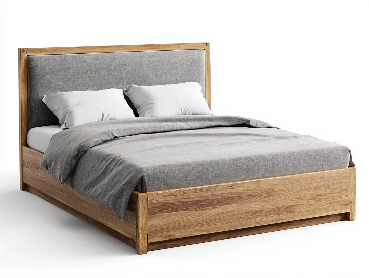 Cama doble tapizada 218×178×108 cm - gris perla y roble natural - plataforma baja flotante