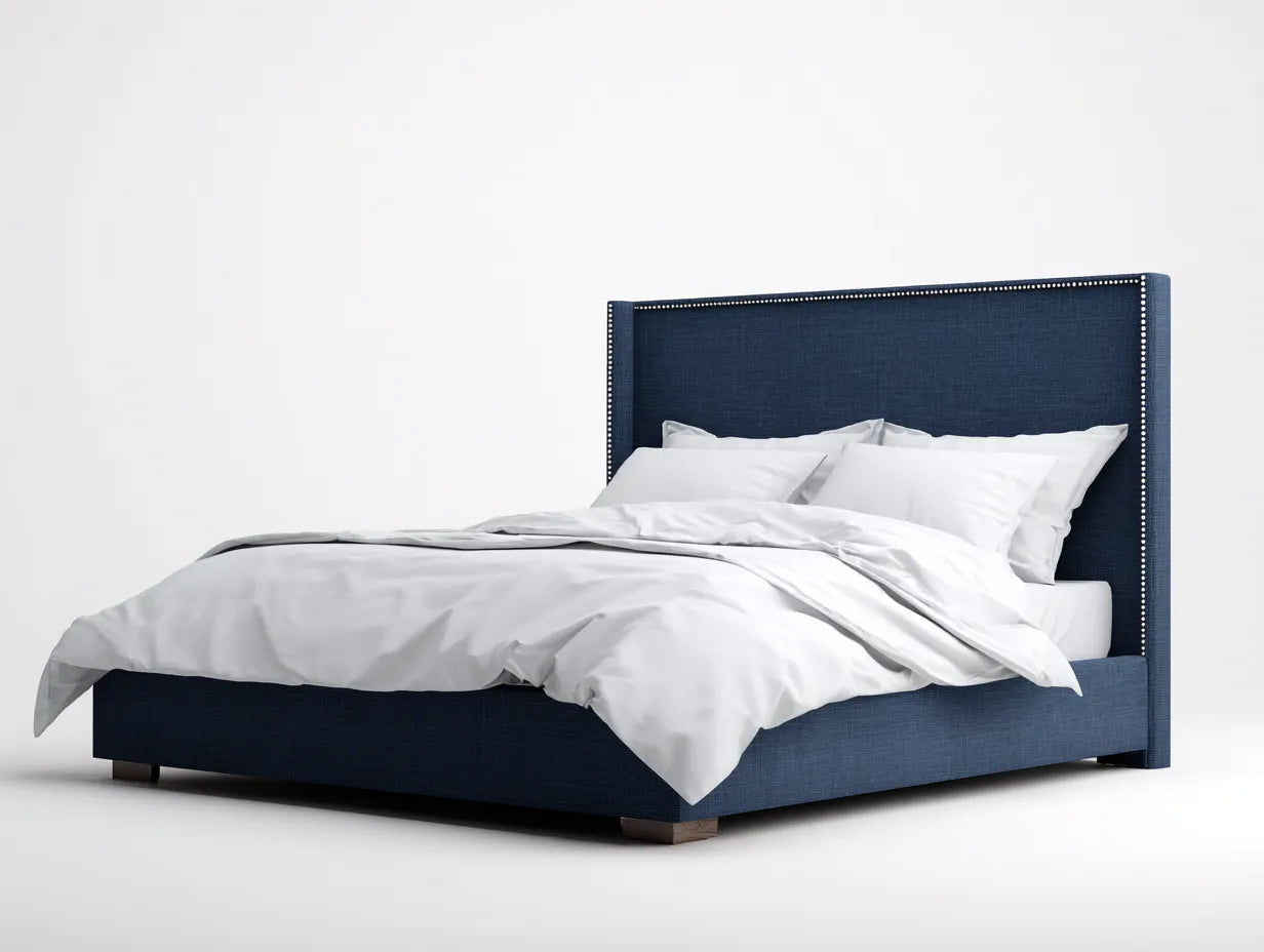 Cama doble tapizada 210×166×122 cm - azul petróleo - cabecero alto con ribete de tachuelas