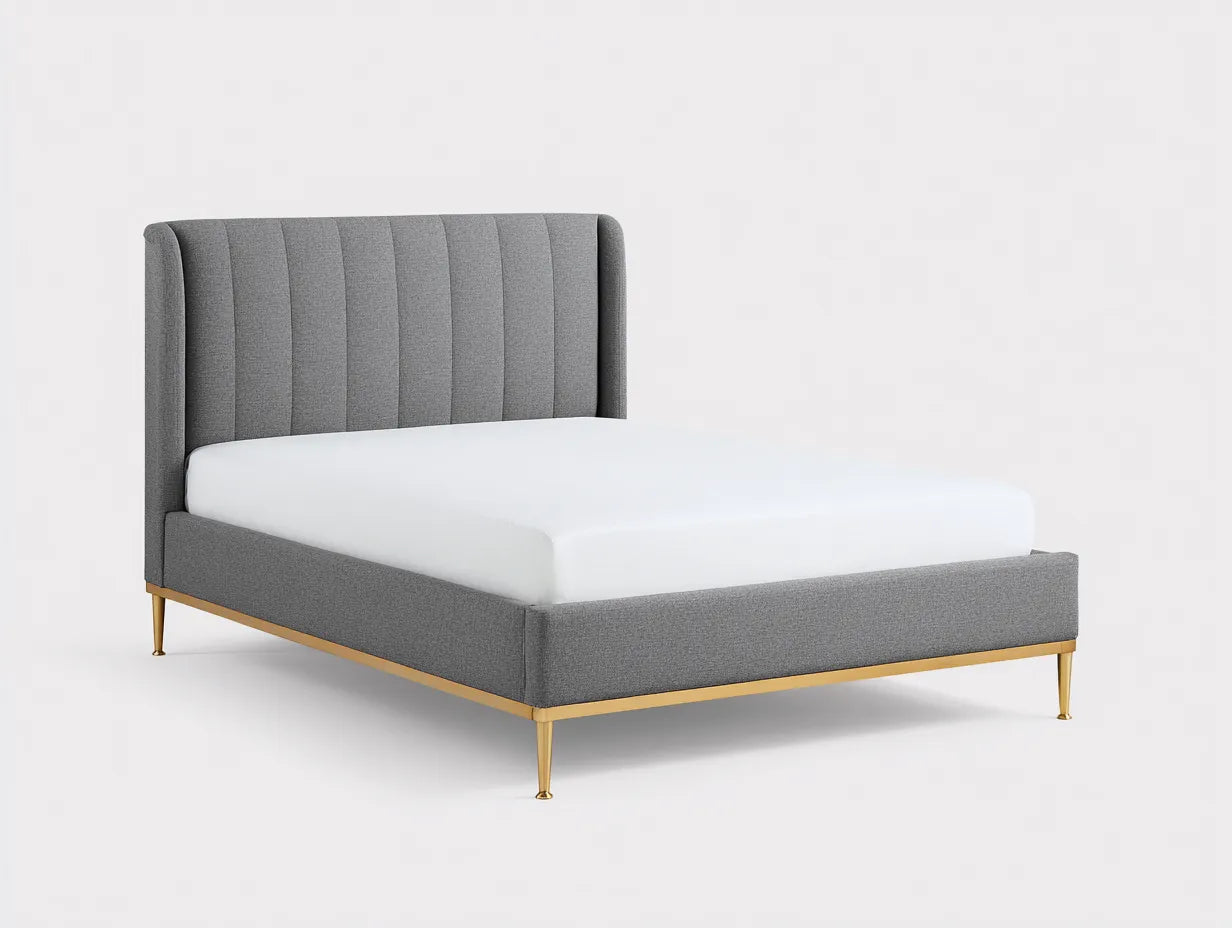 Cama doble tapizada 210×168×112 cm - gris antracita y dorado - cabecero alto de líneas rectas