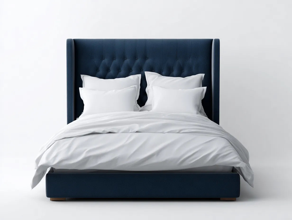 Cama doble tapizada 215×170×124 cm - azul noche - cabecero capitoné con alas laterales